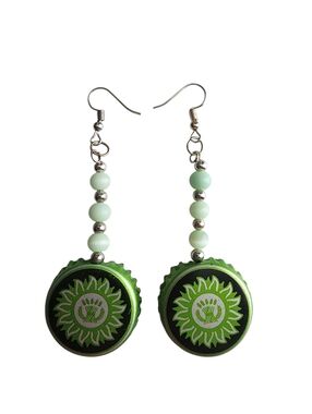 (4)Handmade Green Bottle Cap Sunflower Dangle Earrings